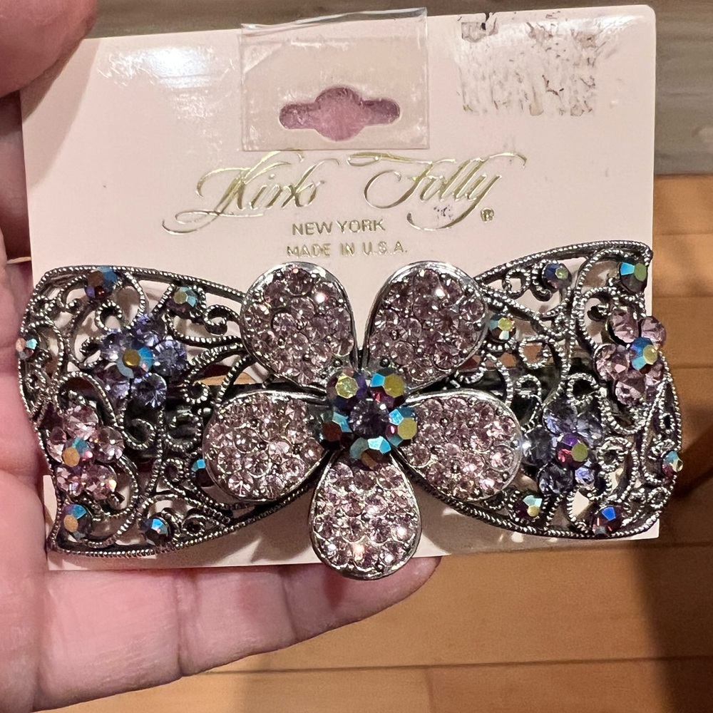 Kirks Folly Pink and Blue AB  Vintage Floral Hair Clip on Original Card Tag